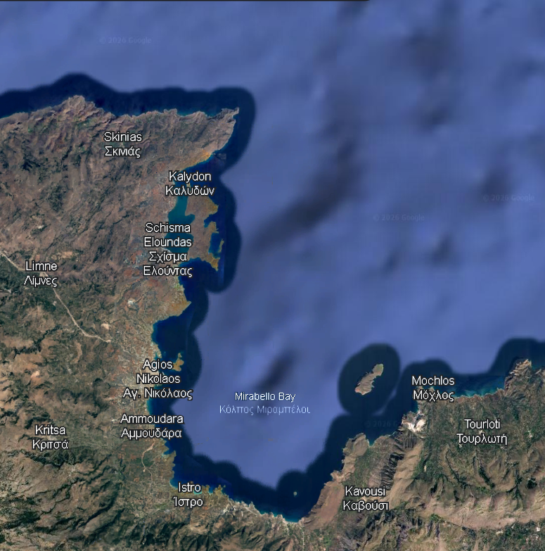 Map of Mirabello Bay and the Elounda area showing Agios Nikolaos, Elounda, Mavrikiano, Olous, Poros, Kolokytha, Plaka and Spinalonga.