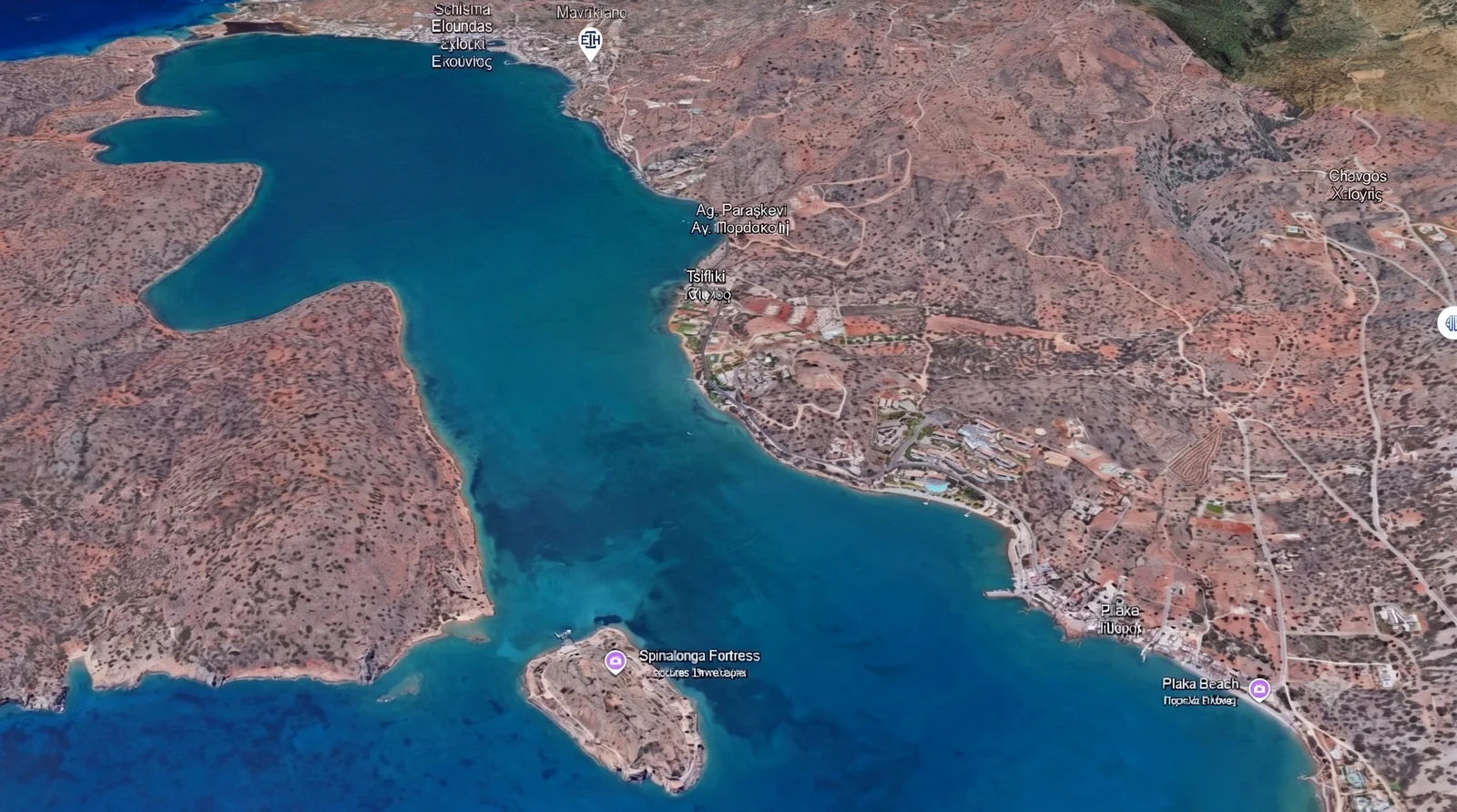 View from Mavrikiano toward Elounda Bay and Spinalonga.