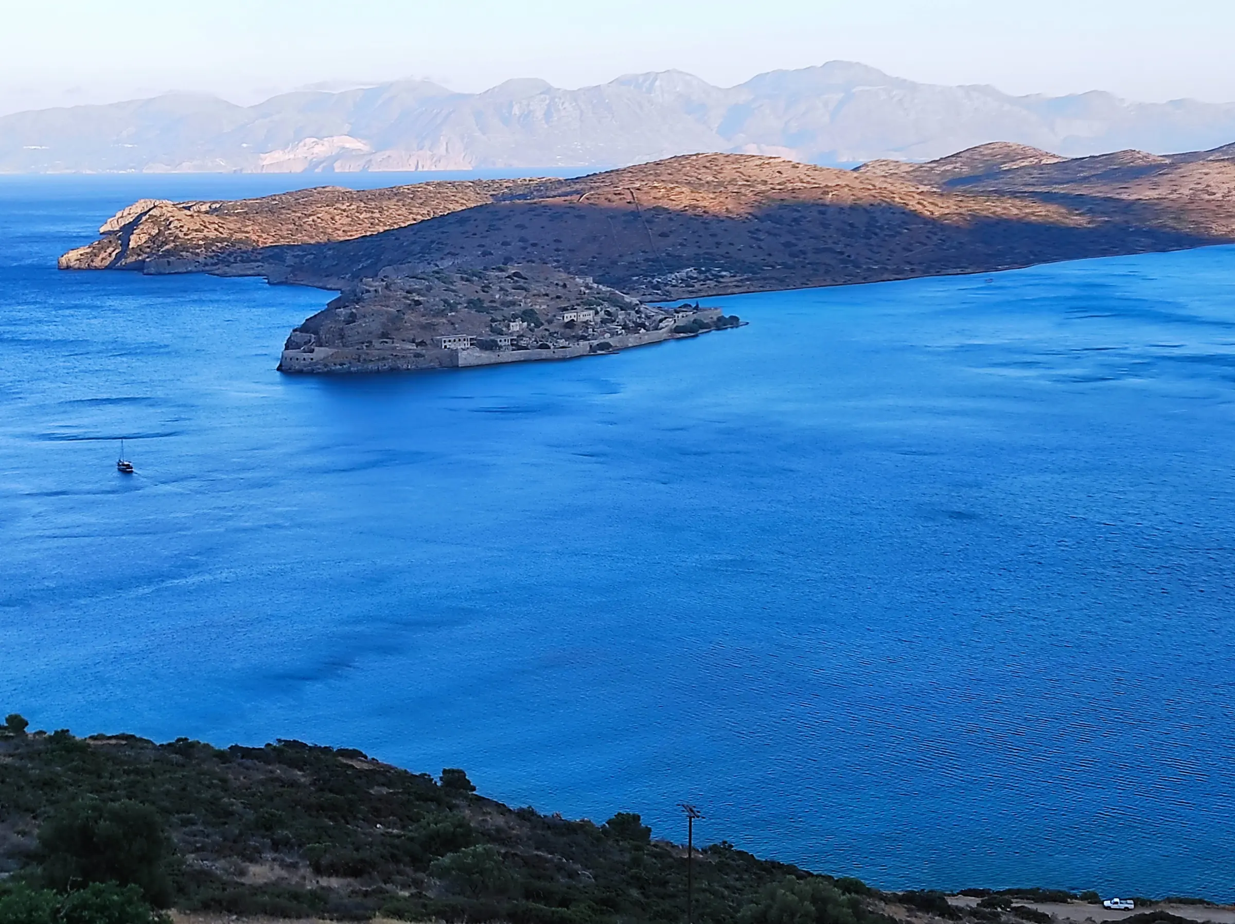 Spinalonga and its fortified settlement in the Gulf of Elounda, seen from above Vrouchas.