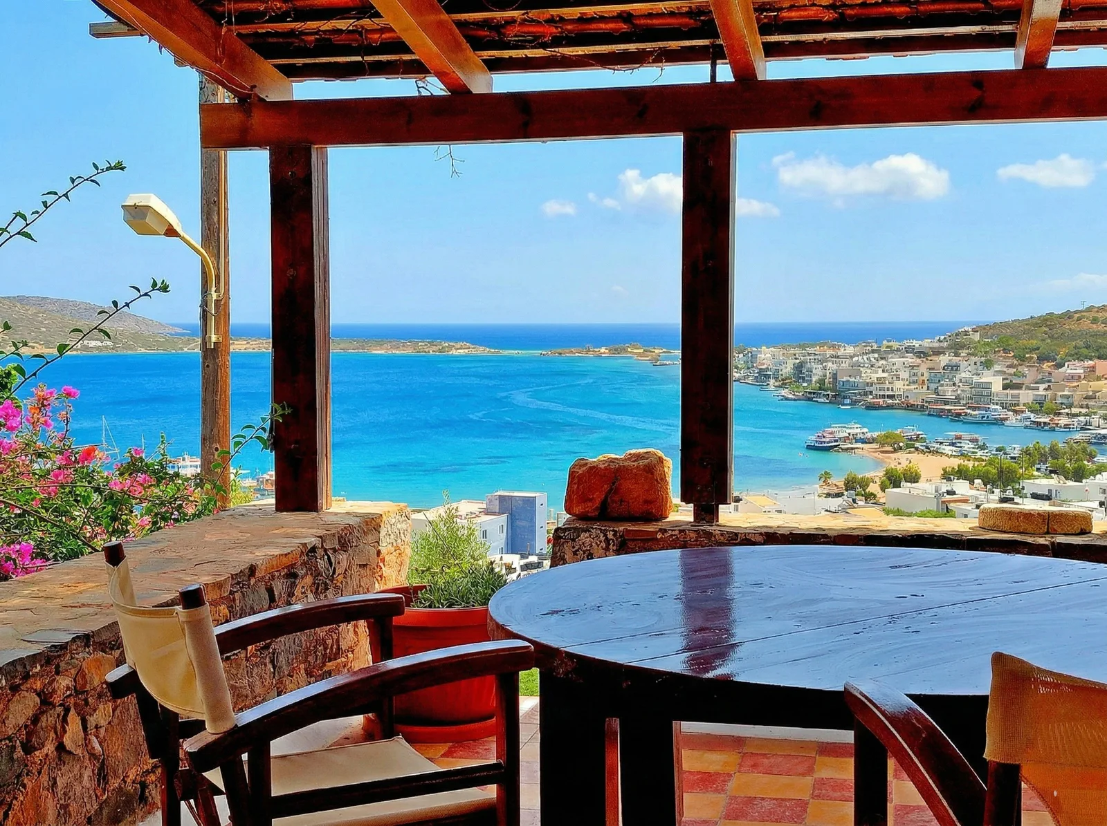 View across Mirabello Bay from the stone verandas of Mavrikiano, eastern Crete