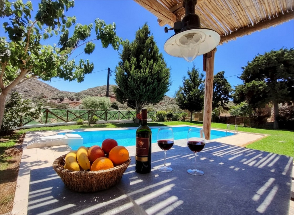 Almond Tree Villa reed-shaded outdoor dining area