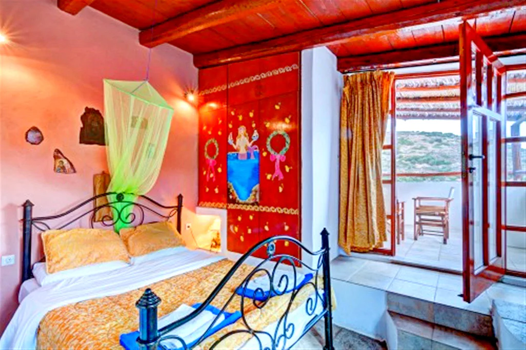 Almond Tree Villa upper double bedroom with reed-shaded balcony